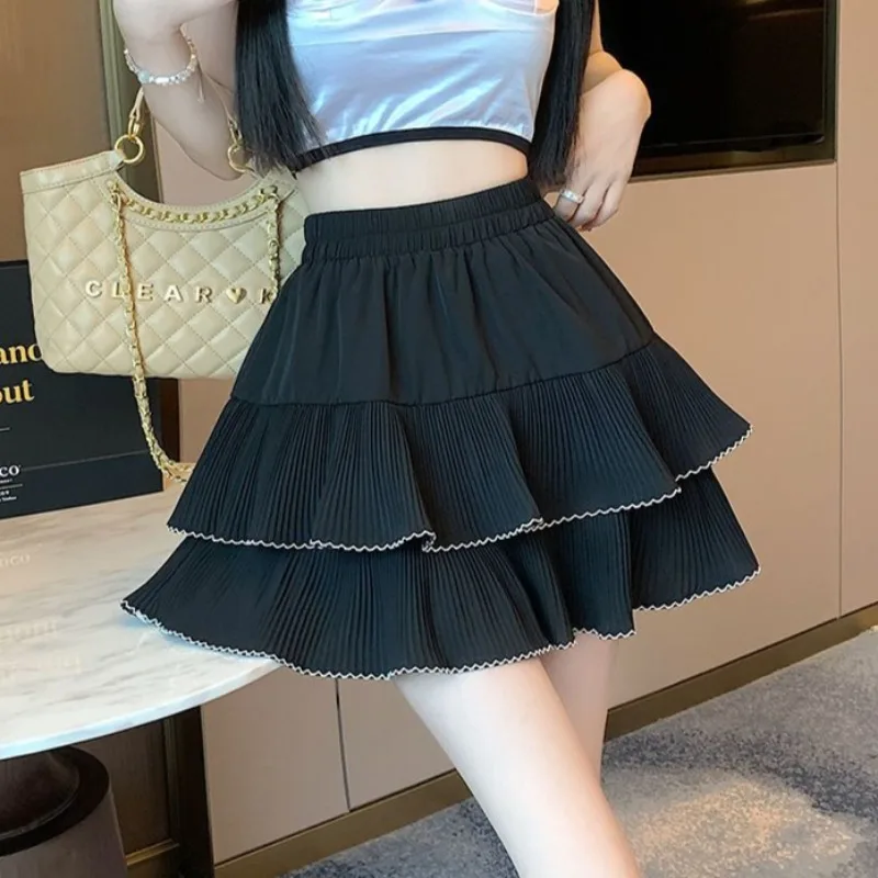 A-line Skirts Women Elastic Waist Cake Puffy Casual Young Daily Sweet Lovely Girls Streetwear Popular Summer Balletcore Harajuku