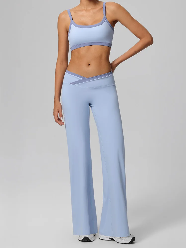 New Women 2 Piece Yoga Set Contrast Color Sport Bra V Waist Flared Pants Gym Training Active Suit Gym Workout Fitness Activewear