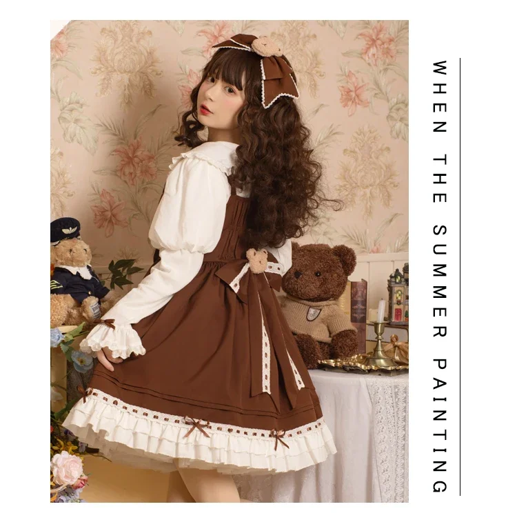 Original estilo japonês doce bonito lolita vestidos 3d arco urso cintura alta a linha retro jsk princesa suspender vestido feminino primavera