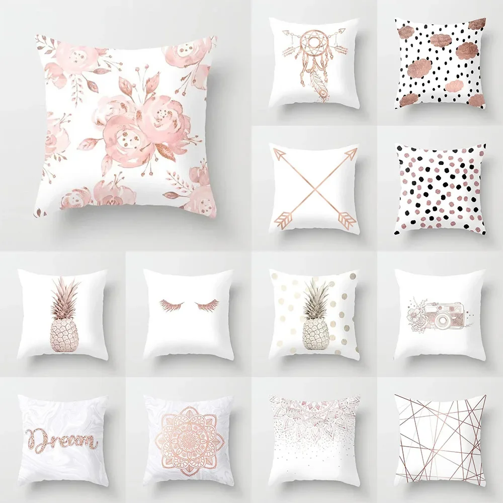 

Nordic art pink printed pattern cushion cover for home living room sofa decoration square polyester pillowcase