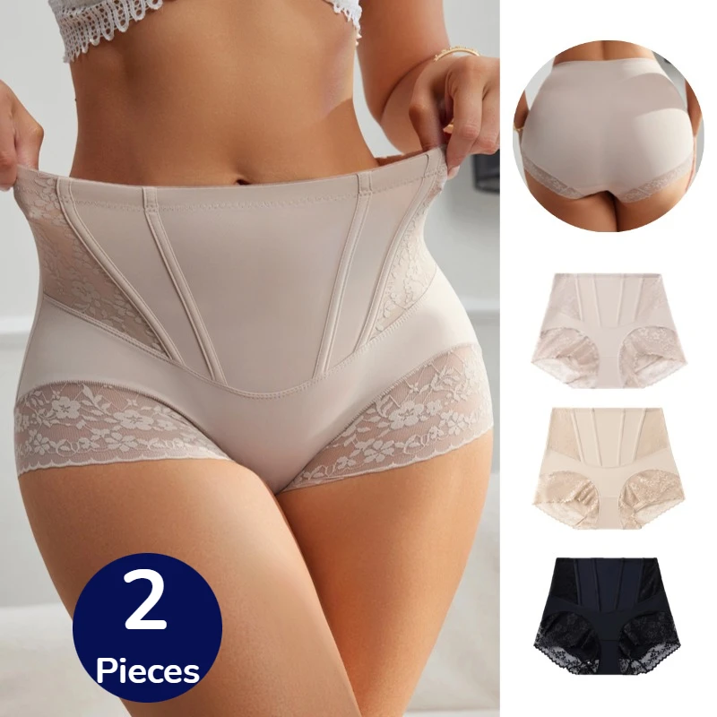 TrowBridge 2 Stuks Vrouwen Shaper Slipje Hoge Taille Kant Sexy Lingerie Buikspanner Vrouwelijke Slips Visgraat Taille Afslanken