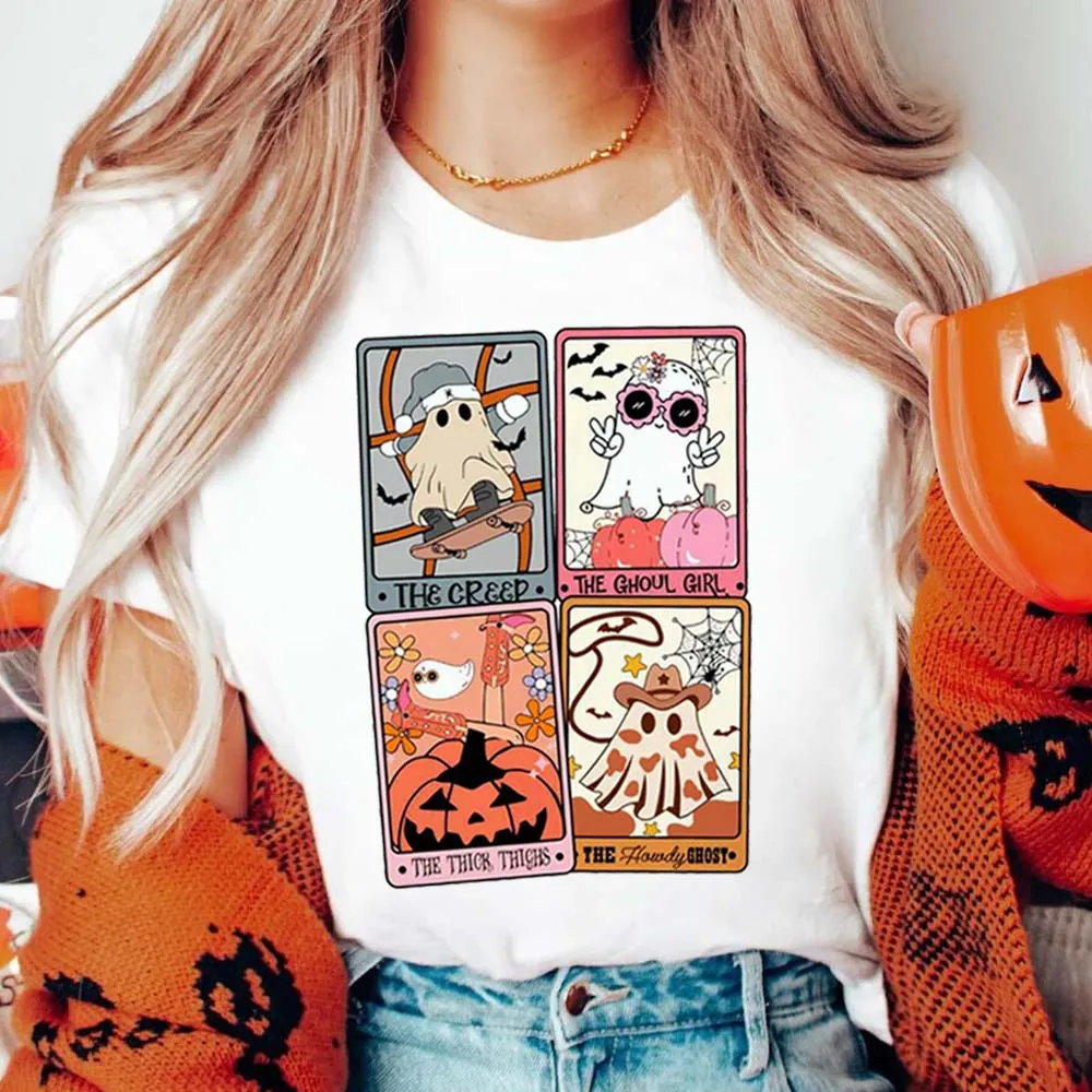 Ghost Tarot Card The Ghouls Girl Retro Halloween Trendy Fun Cartoon Print Pattern Short Sleeve Print Style O-Neck Loose T-Shirt