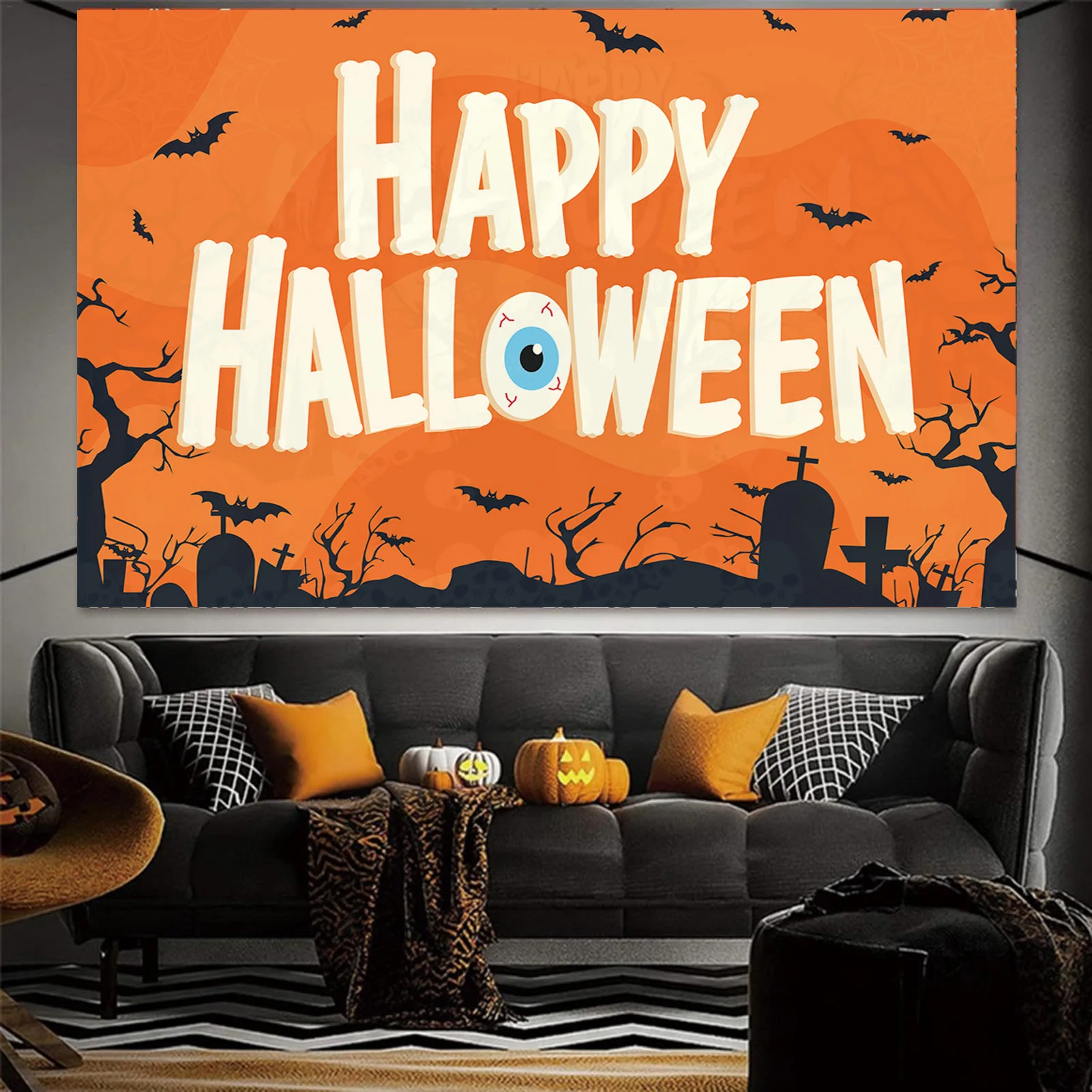 Happy Halloween Backdrop Orange Background Scary Eye Graveyard Bats For Party Celebration Home Wall Decor Poster