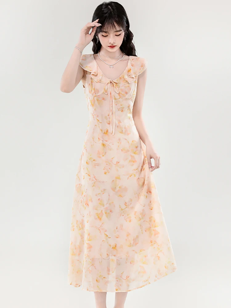 Vestido largo bohemio Floral de gasa con lazo y volantes para mujer, vestido largo elegante de lujo para Festival, vestidos informales ajustados coreanos 2025