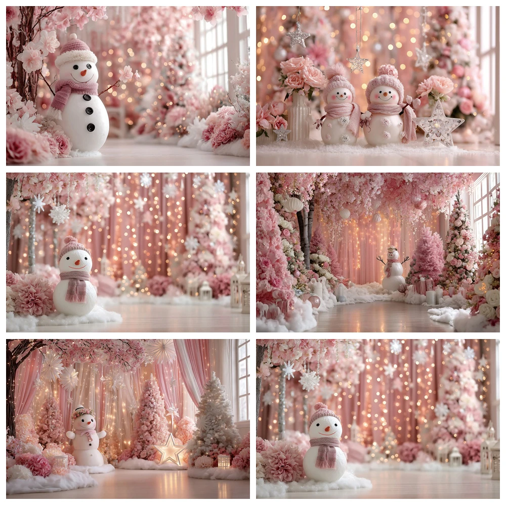 

Winter Christmas Snowman Photography Background Pink Flower Xmas Tree Kids 1st Birthday Cake Smash Banner Family Party Backdrop