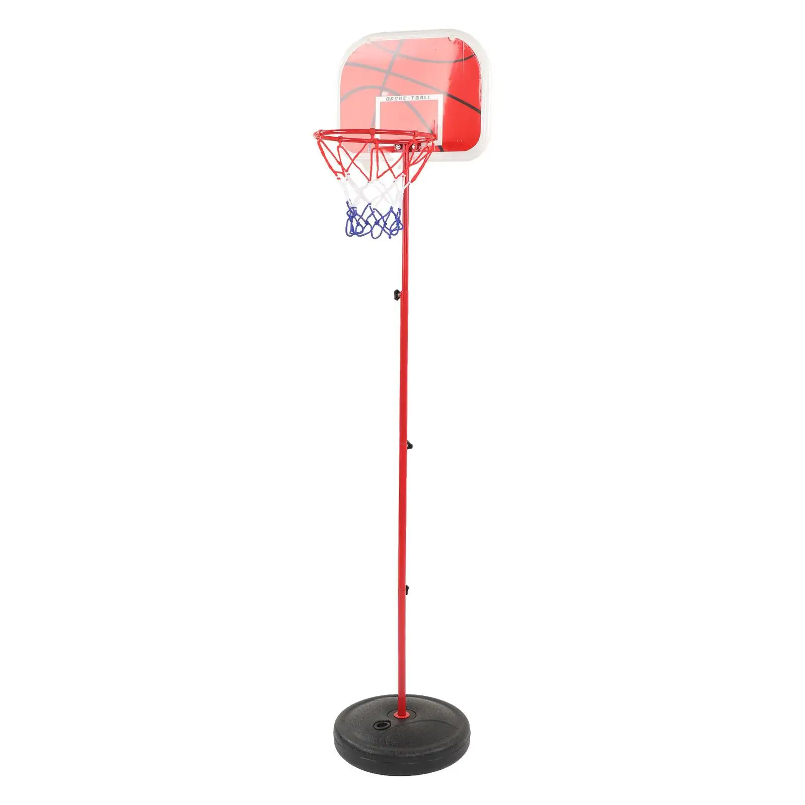 Soporte de aro de baloncesto de altura ajustable con poste de hierro, interior de plástico rojo y blanco para equipos deportivos