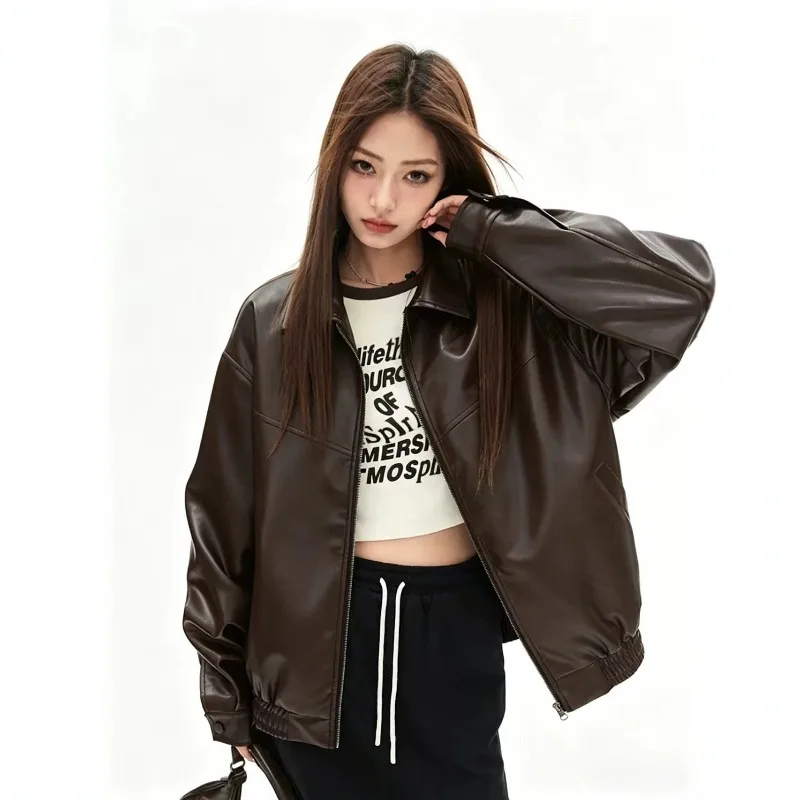 2026 New Spring Autumn Women's Faux Leather Jakcet Fashion Zipper Motorcycle Casual Coat Female Streetwear Outerwear