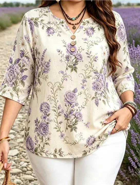 Women V‑Neck Half Button 3/4 Sleeve Top 3D‑Printed Vintage Rose Vine Floral Print Casual Daily