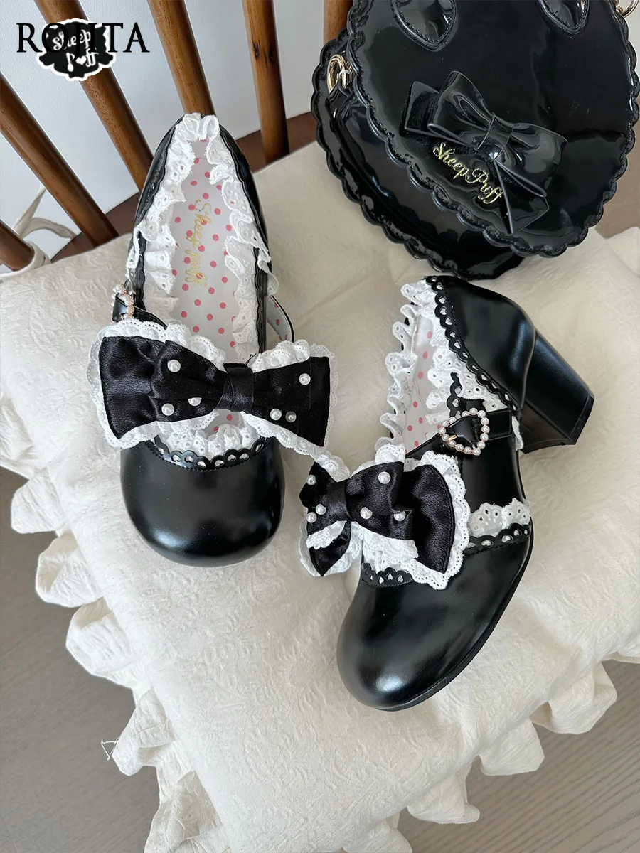 

Blue Shoes Women Pearl Candy Lolita Lace Bow Mid-Heel Shoes Sweet Cute Japanese Style Kawaii Small Leather Shoes 2025 New