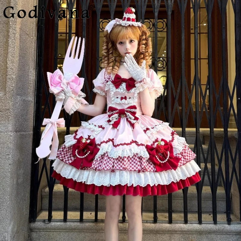 

Original Lolita Style Pink Dress Op Summer New Sweet Girls Cute Bow Slim-Fit Princess Dress Women's Japanese Cos Kawaii Dress