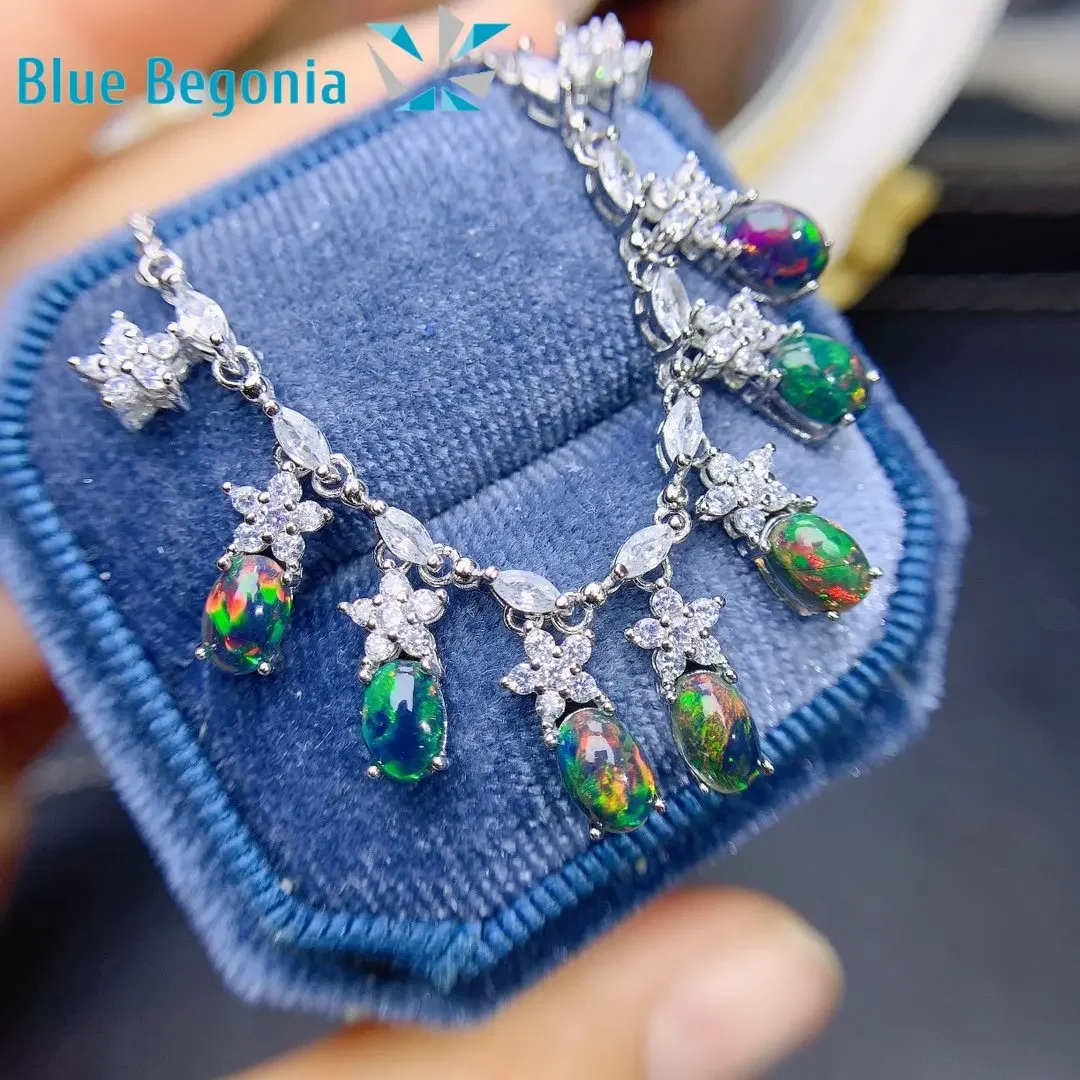 Natural Australia Black Opal Pendant for Women Anniversary Gift 7pcs 4*6MM Gemstone Necklace Fine Jewelry 925 Sterling Silver