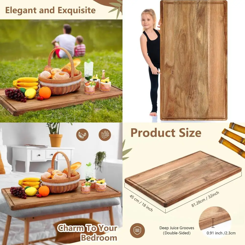 

Large Acacia Wood Cutting Boards - Extra Large Serving Platters with Juice Groove for Kitchen Use, Ideal for Meat and Cheese Car