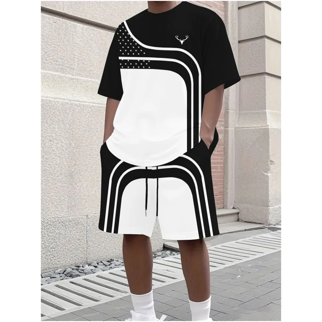 

Summer Fashion Men's Stripe Prints Comfortable Breathable Round Neck T-shirt Shorts Set Outdoor High Street Clothing T-shirt set