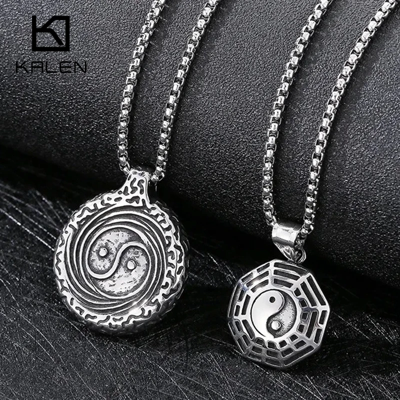 

Stainless Steel Vintage Punk Tai Chi Round Plaque Pendant Necklace For Men Bagua Pattern Charm Necklace