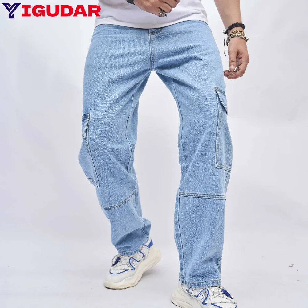 

Осенние мужские джинсы, потертые y2k, уличная одежда, модные свободные широкие брюки с большими карманами, молодежные повседневные прямые эластичные джинсовые брюки