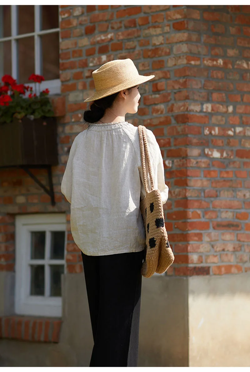 Natural Linen Lady's T-shirt, Elegant and Graceful Round-neck Top, Suitable for Outdoor Leisure and Comfort  Breathable