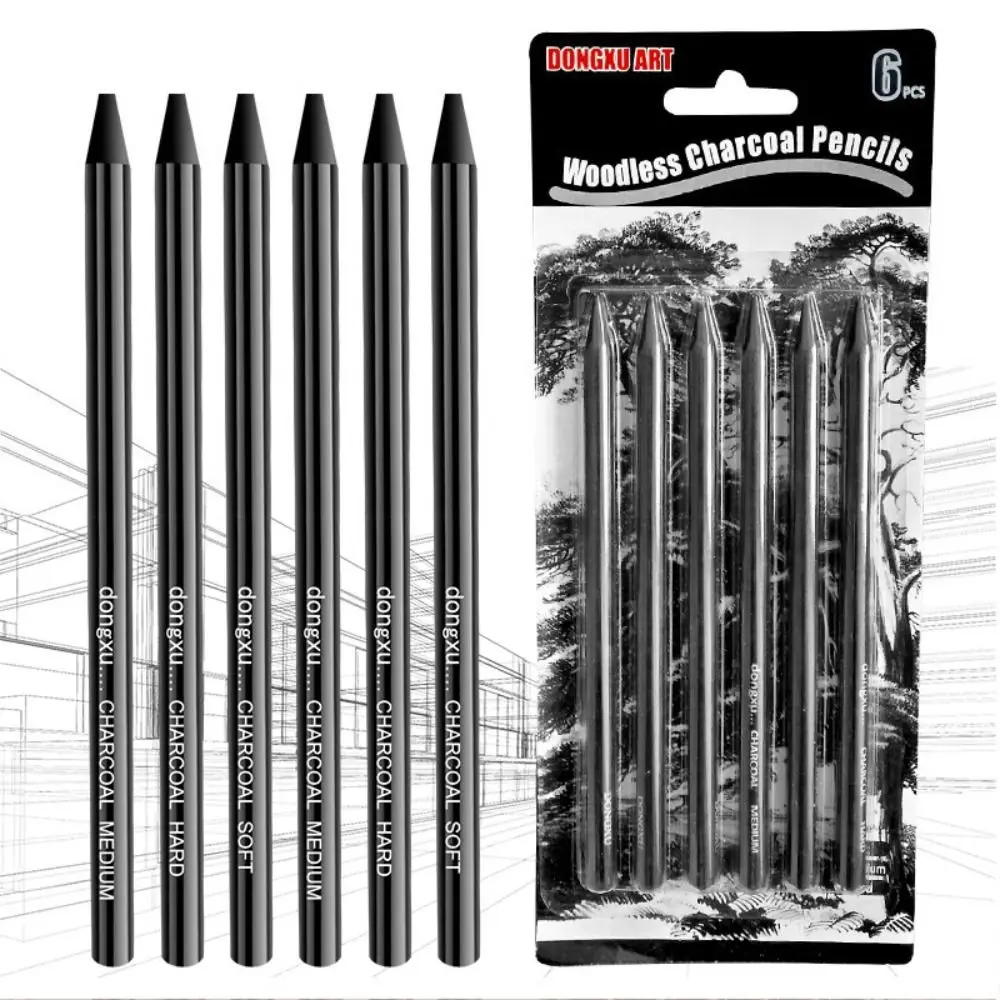 Lápis de carvão preto durável solúvel em água, Soft Medium Hard Charcoal Stick, Pacote misto, Esboço fácil de colorir, 6pcs