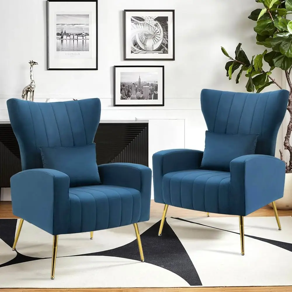 

Pair of Velvet Wingback Accent Chairs with Lumbar Pillows, Ideal for Living Room or Bedroom, Gold Finish, Navy Blue