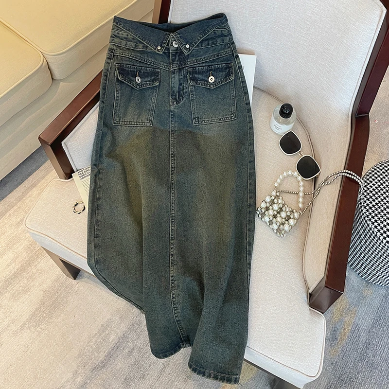 

New Women Retro Long Denim Skirt Fashion High Waist Hip Wrap Slit A-Line Jeans Skirt Casual Blue Hottie Midi Skirt