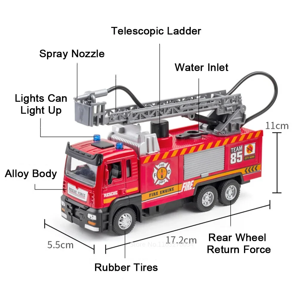 1:32 Ladder Truck Alloy Model Car Toys Fire Engine Alloy Body with Sound Light Pull Back Miniature Vehices Children's Toy Gifts