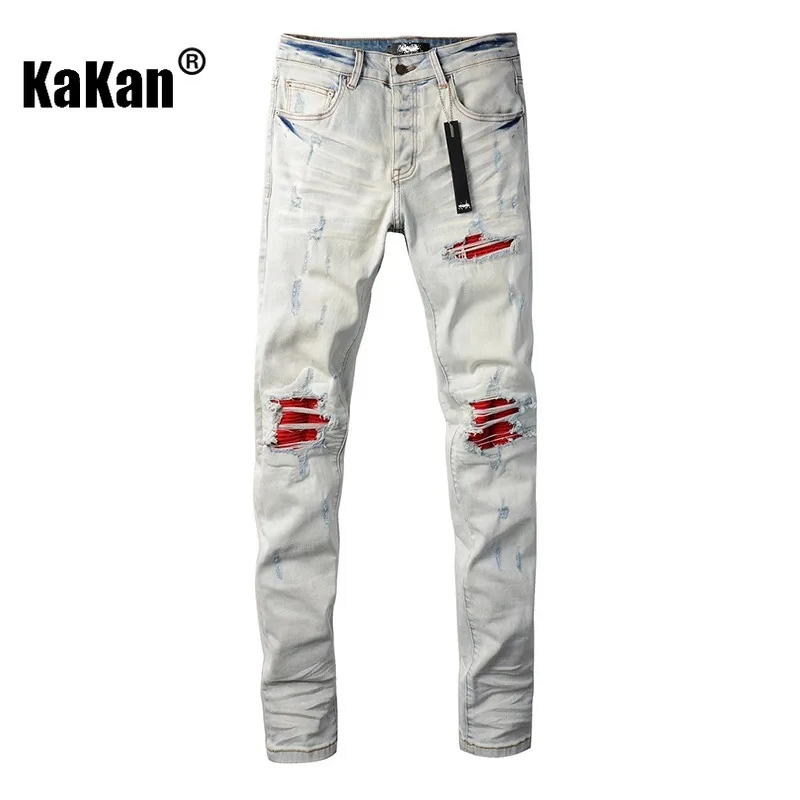 Kakan - New Men's Perforated Red Patch Elastic Jeans, Y2k High-quality Slim Fit Small Leg Long Jeans Jeans, Jeans Man Brand