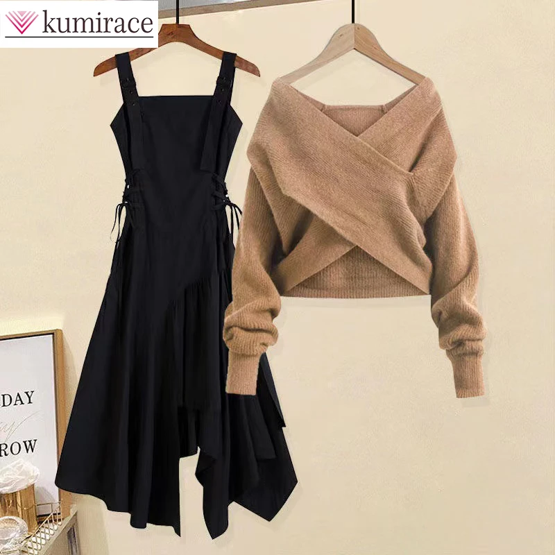 Korea Large Women's 2022 Autumn New Set Elegant Fashion Women's Relaxed Cross Sweater Irregular Waist Sling Dress Two Piece Set