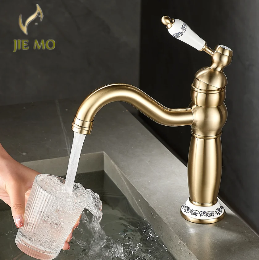 

Brass faucet for bathroom washbasin, handwashing sink, cold and hot vintage over-the-tub basin tap