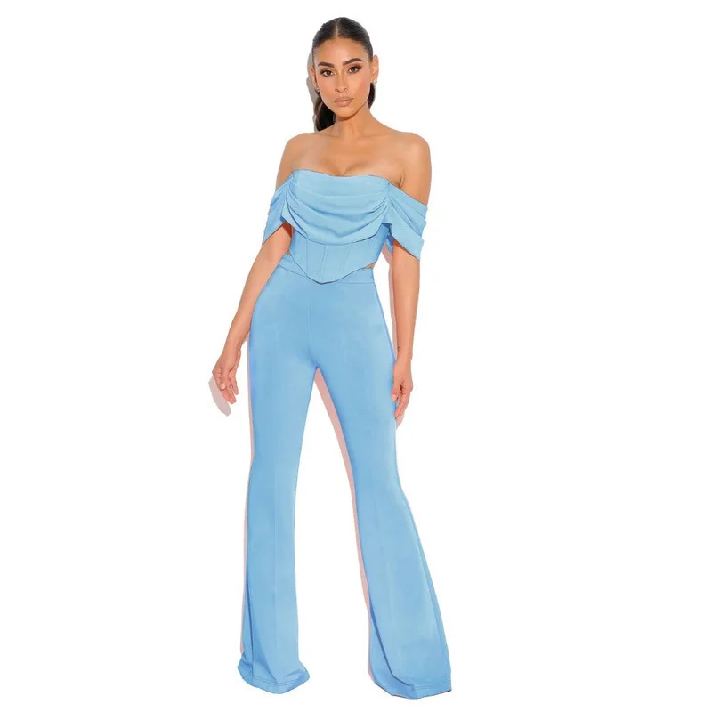 Sexy Women Pants Set Summer Bra Vest Top+High Waist Wide Leg Trousers 2-Piece Fashion Off Shoulder Sleeveless Corset In Stock