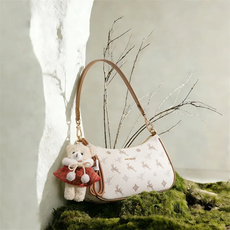 golf-women's-moon-shaped-shoulder-bag-stylish-floral-pvc-underarm-bag-travel-accessory-adorable-bear-pendant-versatile-bag