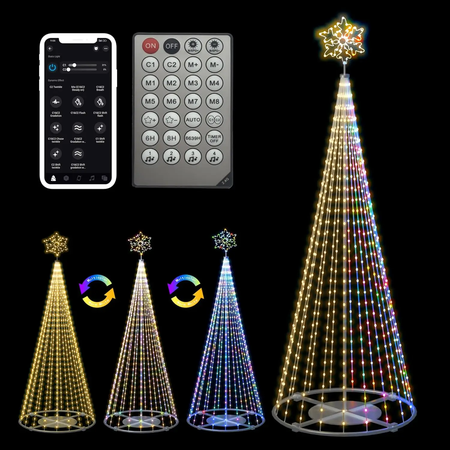 Outdoor Lighting Christmas Tree Lights, 12FT Smart LED Outside Flag Pole Christmas Tree Light Show with 648 Lights