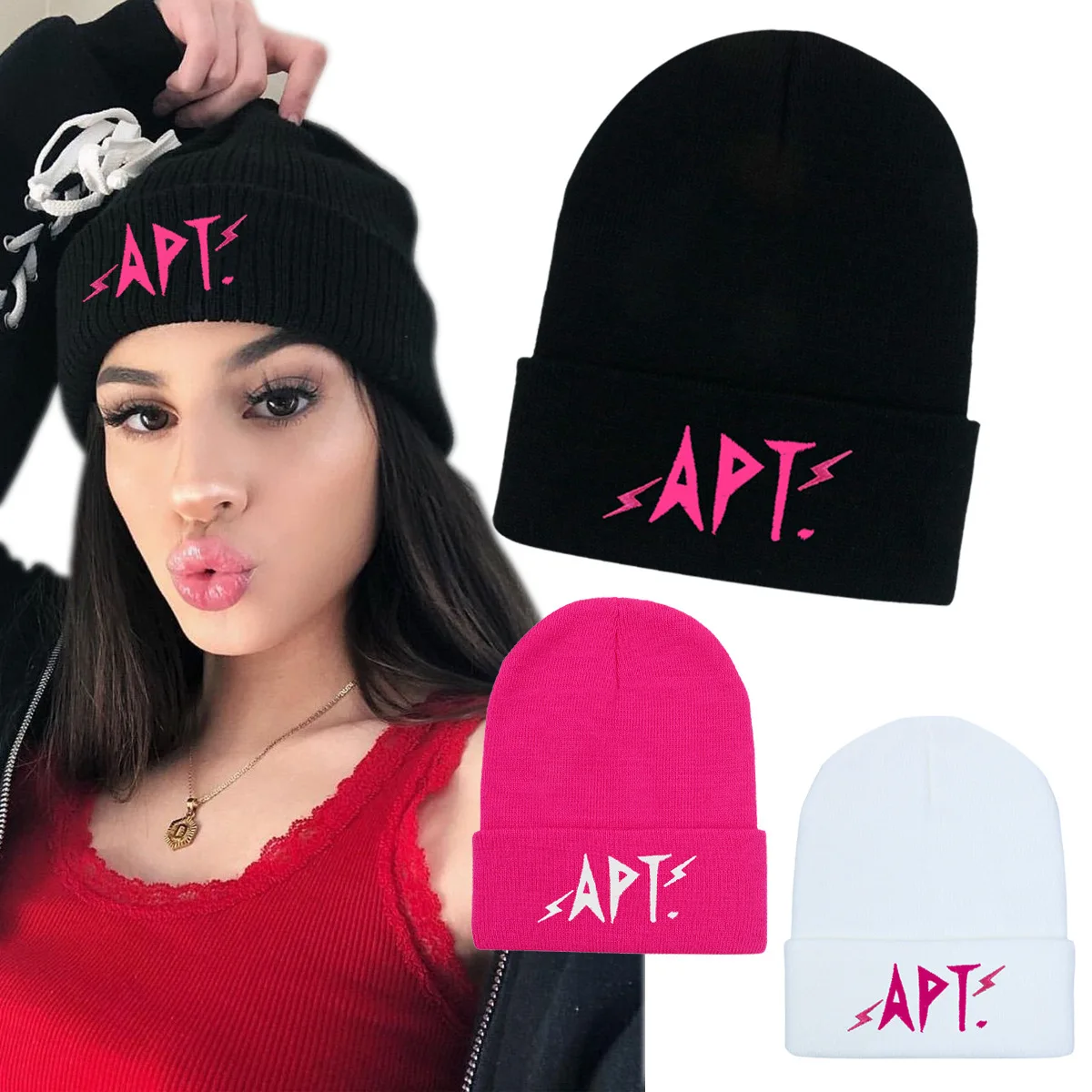 KPOP ROSE New Album APT Letter Printing Knitted Hat Colorful Girls Boys Autumn Winter Beanie Caps High Quality Warmer Casual Cap