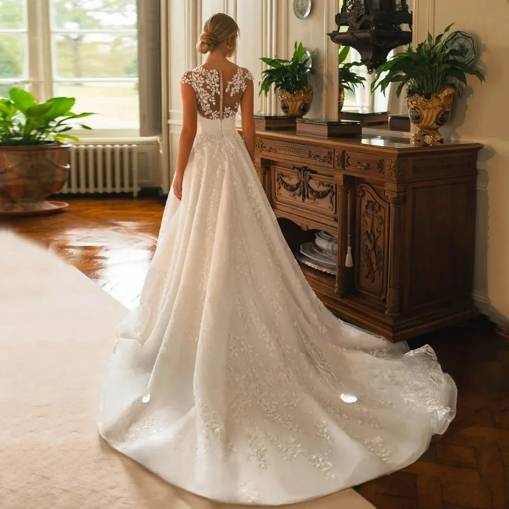 Exquisite Lace Wedding Dress Cap Sleeve O-neck Illusion Back Zipper with Buttons Sweep Train Vestido De Noiva Bridal Gown