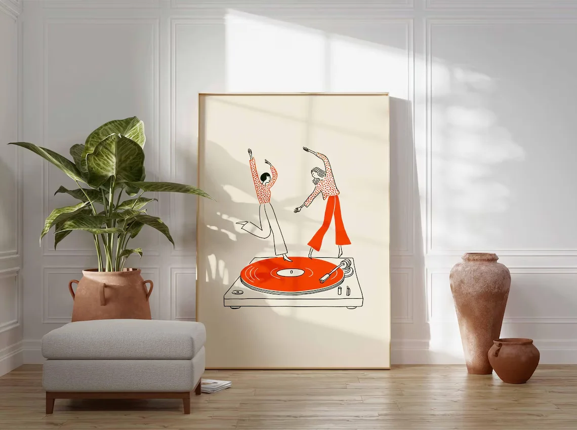 Dancing Couple Wall Art Print, Retro Record Player Poster, Modern Music Inspired Illustration for Home Bar or Living Room