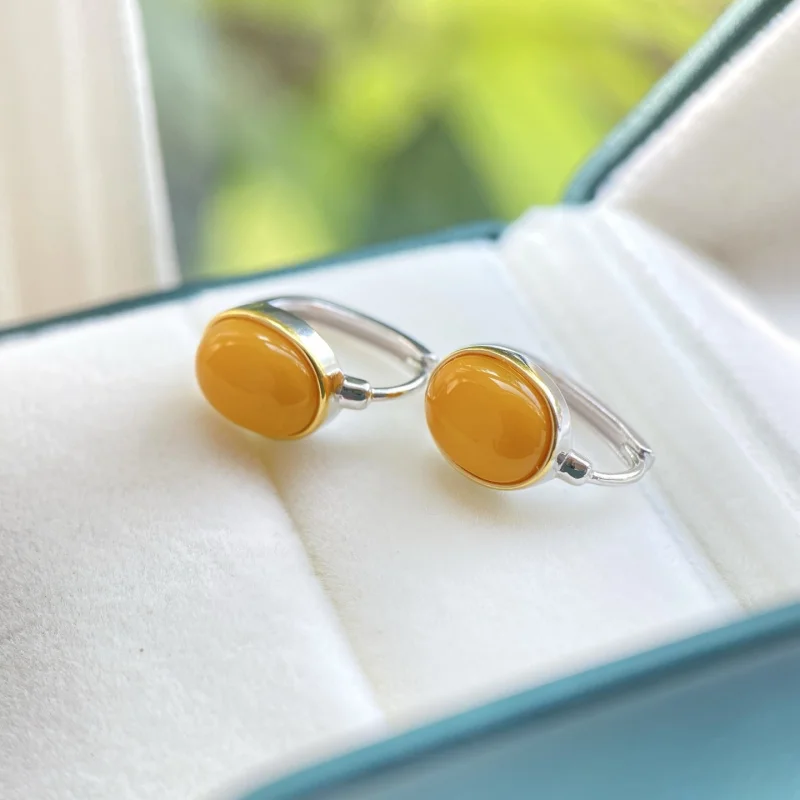 Natural Chicken Fat Yellow Beeswax Ear Through Body S925 Sterling Silver Inlaid Surface Earrings