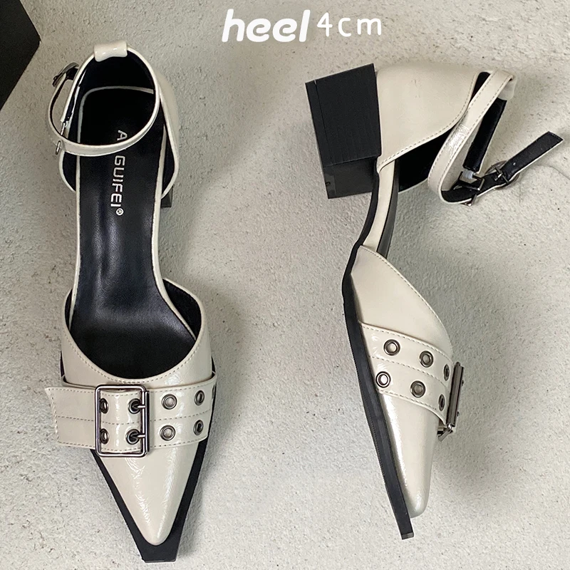 Calzado de punta estrecha con correa en el tobillo para mujer, zapatos de tacón medio, poco profundos, hebilla de moda, tacones de 4cm, 2024