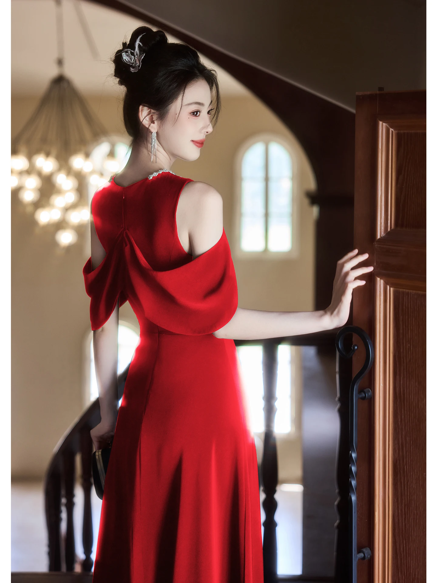 

Red Evening Gown oulder Bared Long Wedding Dr Engagement Par Host Dr Luxury Vintage Sle mid Waist Polyester Fiber