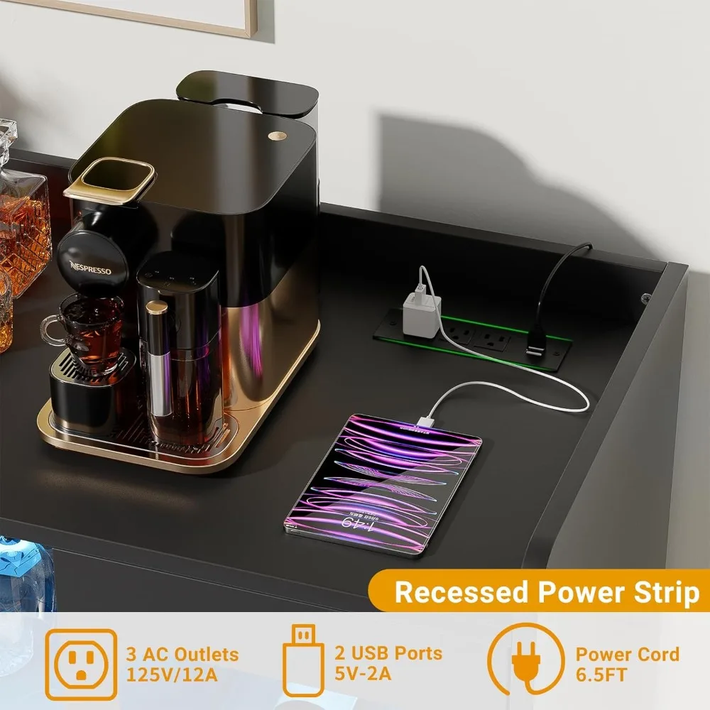 Barra de armário de bebidas com tomada de energia e luz LED, armário de bar de vinho com rack de vinho e copos, armário de bar de café doméstico,