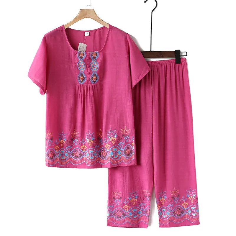 Pyjama brodé en coton et lin pour femme d\'âge moyen, ensemble deux pièces, vêtements de nuit élégants, vêtements d\'intérieur, été