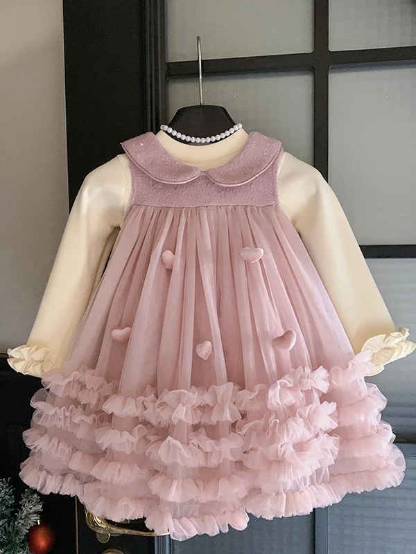 Conjunto de Vestido e Colete Forrado de Lã para Meninas, Saia de Princesa em Tule, Roupa de Duas Peças Estilo Coreano com Man...