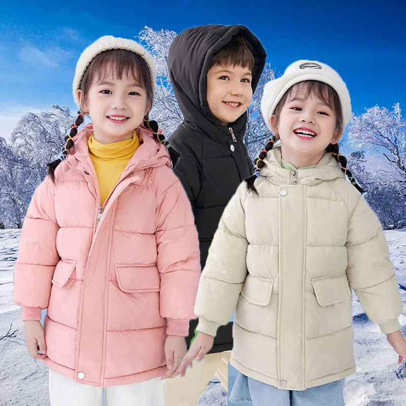 Girls Boys Warm Down Coat Kids Thickened Hooded Jackets Children's Winter Cotton Clothing Kids Solid Casual Parkas 3-10 Years