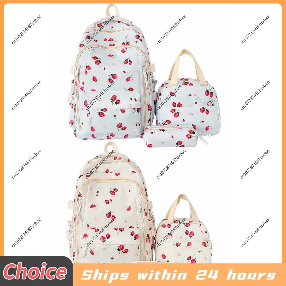 Strawberries Cute Kawaii Backpack Set with Lunch Box and Pencil Pouch Aesthetic Daypack Campus Bookbag for Teens Girls Students