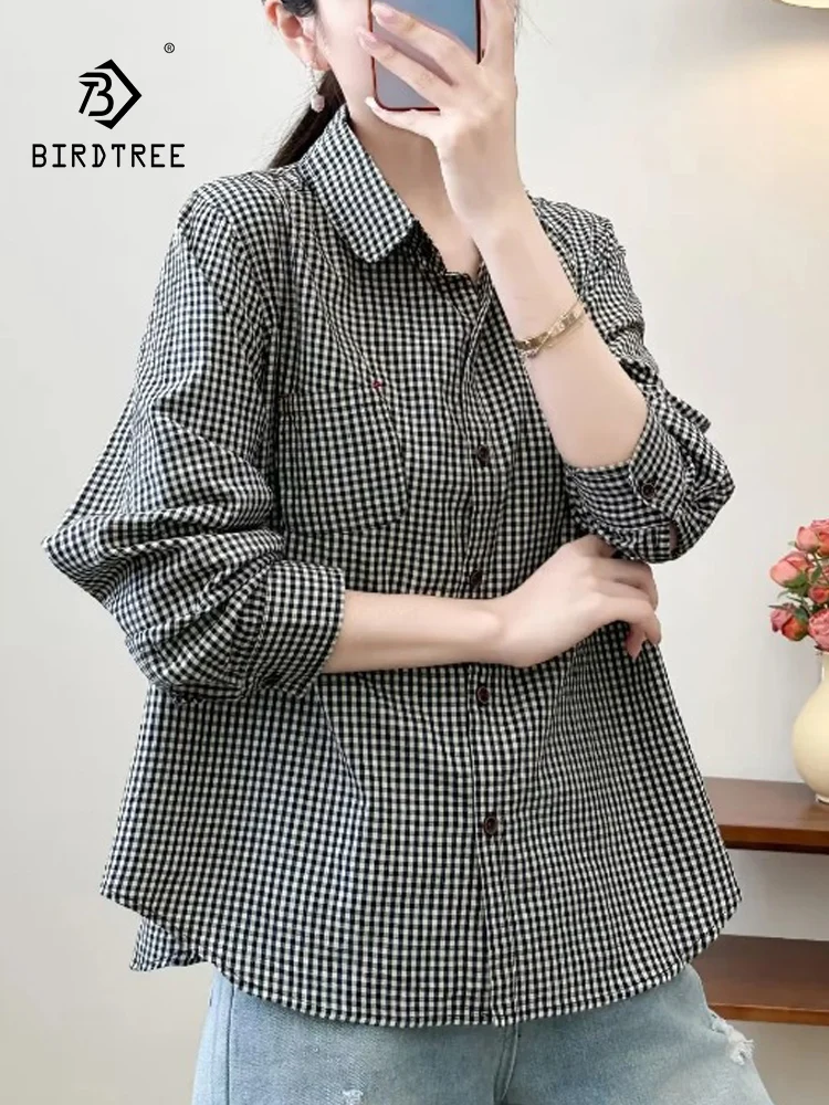 New Summer Cotton Long Sleeve Shirt Lapel Plaid Tops Girl Casual Loose French Commute Vintage OL Blouse 2024 Autumn T47195QC