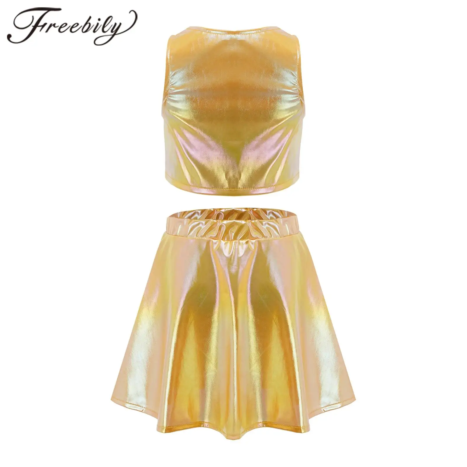 

Children Party Disco Costumes Hip Hop Clothes Sets Cheerleading Uniforms Kids Girls Metallic Jazz Cheer Dance Outfit Streetwear