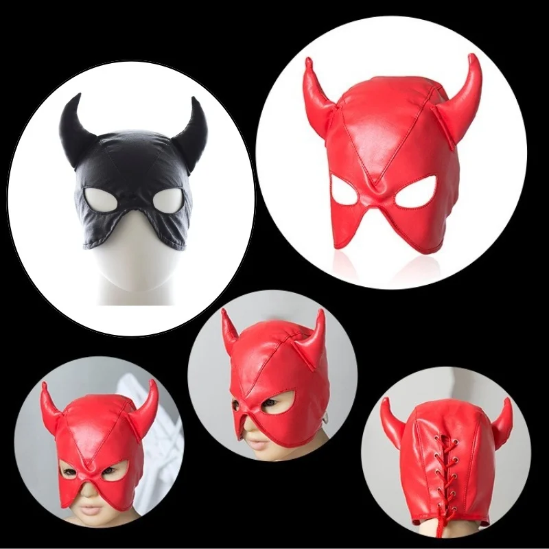 Fashion Sexy Ox Horn Head Mask Fetish PU Leather Masquerade Cosplay Adult Party Headgear Couples Games Hood Mask Exotic Costumes