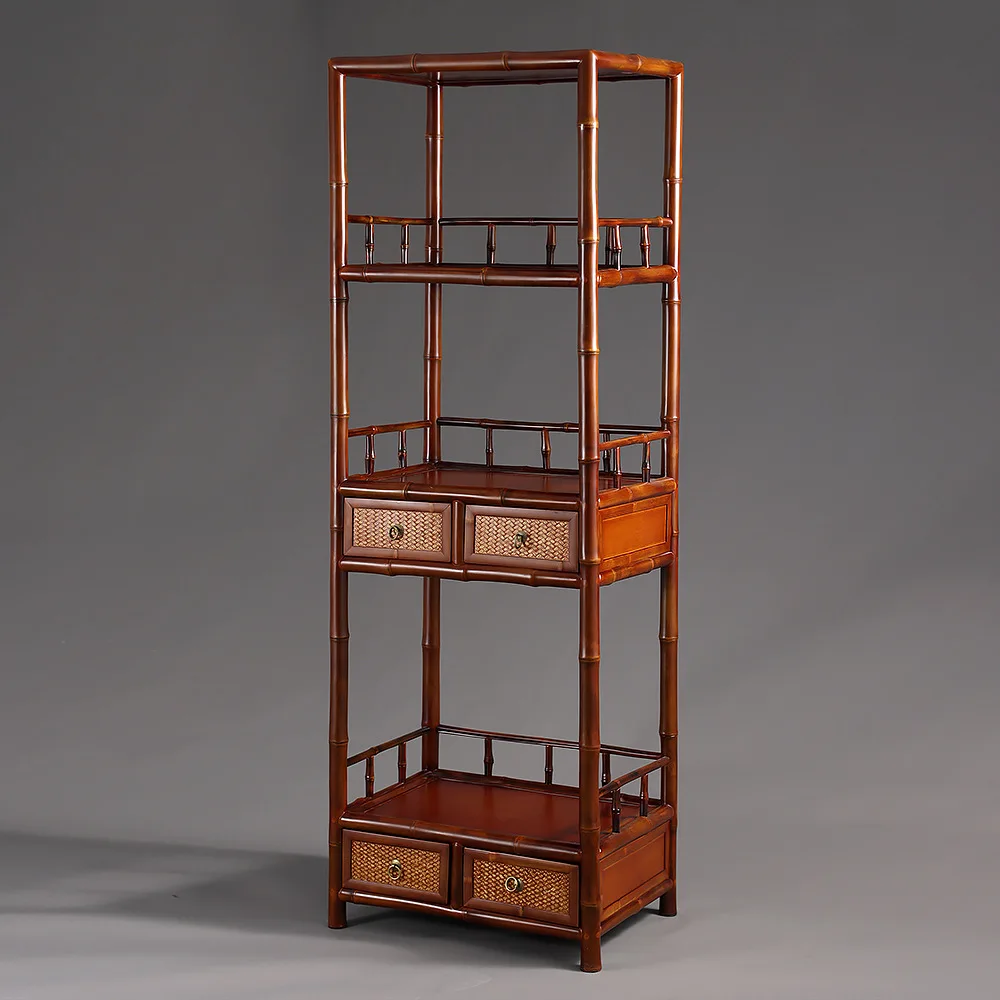 Chinese retro red bamboo shelf bookcase, tea room space tea ceremony utensils display cabinet