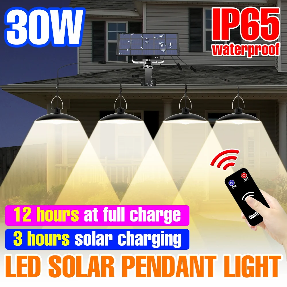 

LED Solar Pendant Lights Indoor Outdoor Shed Lamp 1/2/3/4 Heads Courtyard Porch Patio Balcony Garden Camping With Remote Control