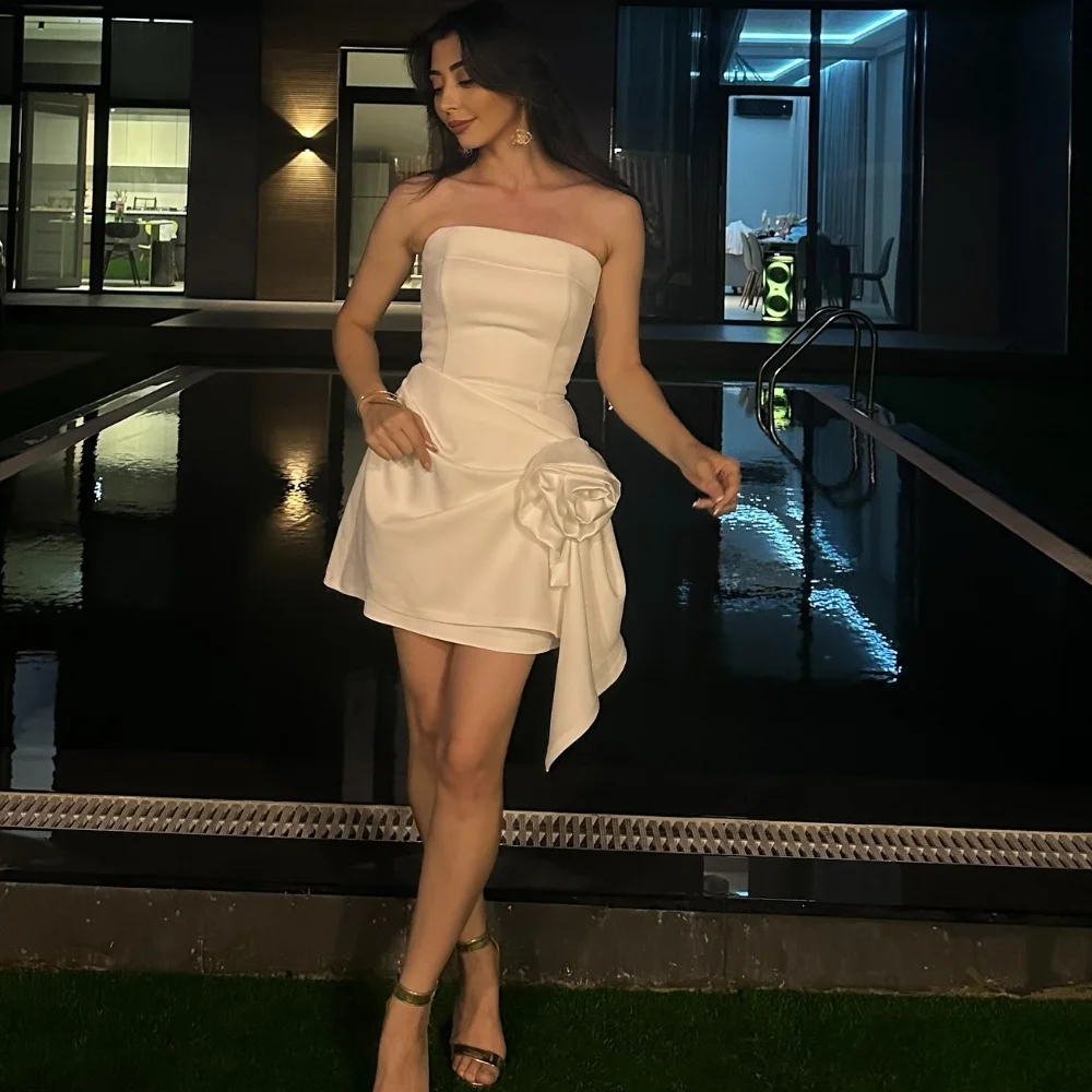 

Customized Sizes Available Simple Jersey Handmade Flower Pleat Straight Strapless Short Dresses Bespoke Occasion Dresses Classic