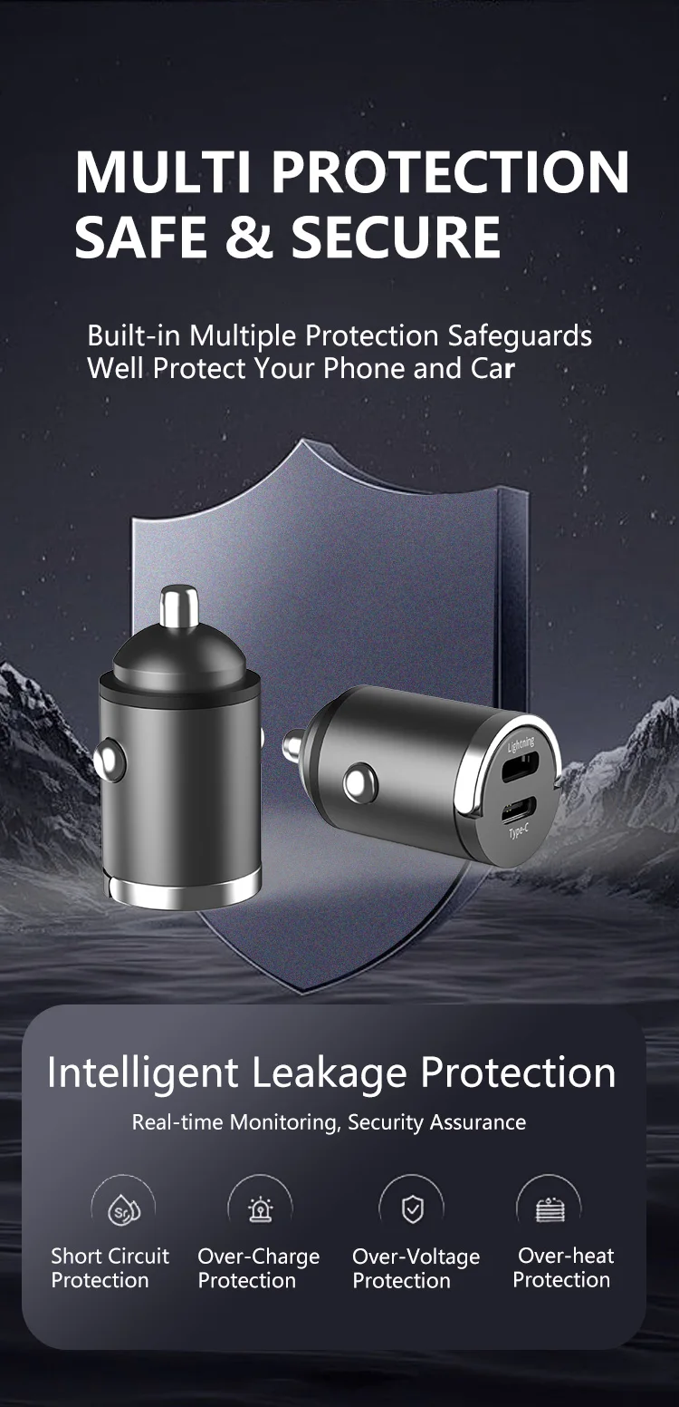 Car Charger USB C and Lightning Dual Output Mini  Size Flush Fit 30W Super Fast Charging Compitible For Iphone and Android