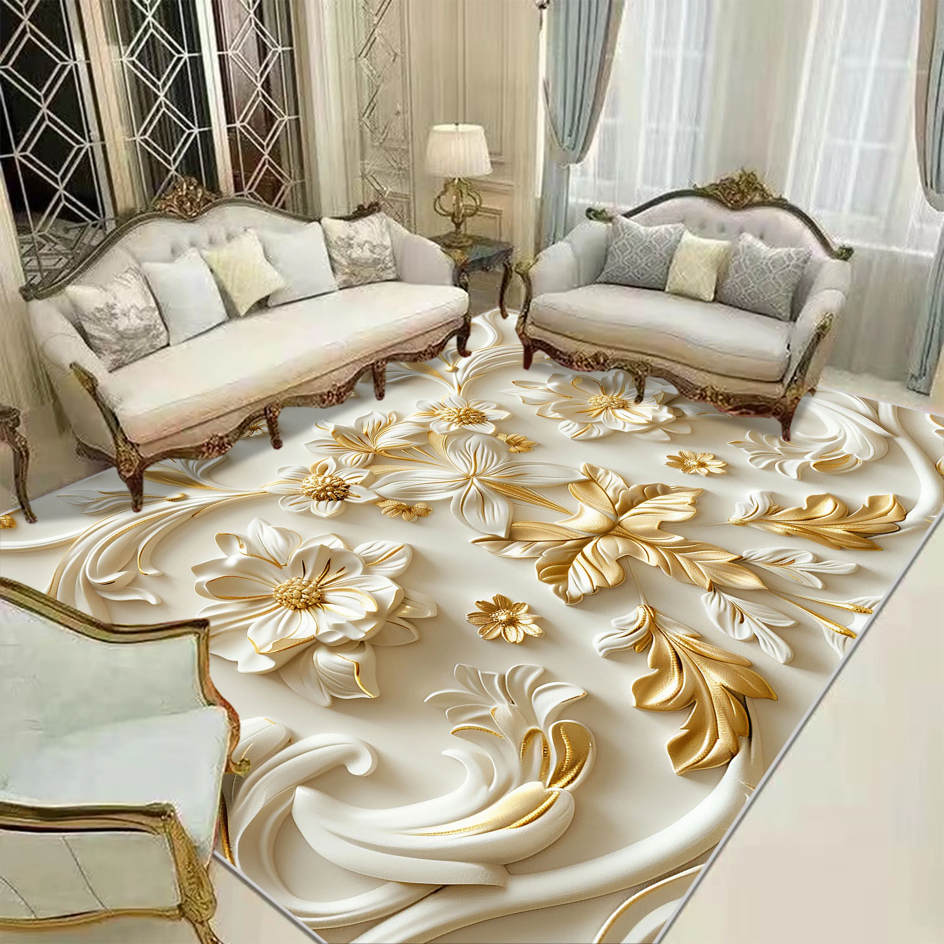 

White Luxury Carpets for Living Room 3D Golden Flowers Decoration Home Sofa Side Large Area Floor Mats Washable Rugs for Bedroom