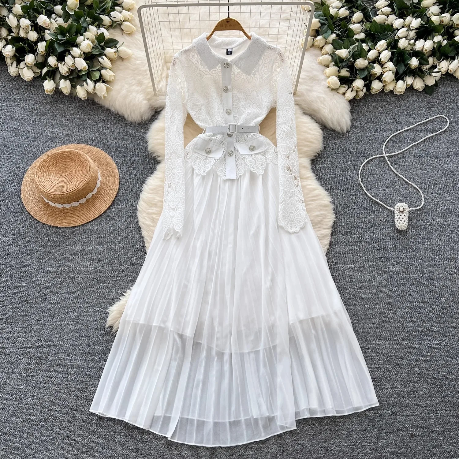 

Holiday Crochet Lace Embroidery Stitching Hollow Out Dress Women's Lapel Long Sleeve Beaded Buttons Belt Pleated Party Vestidos